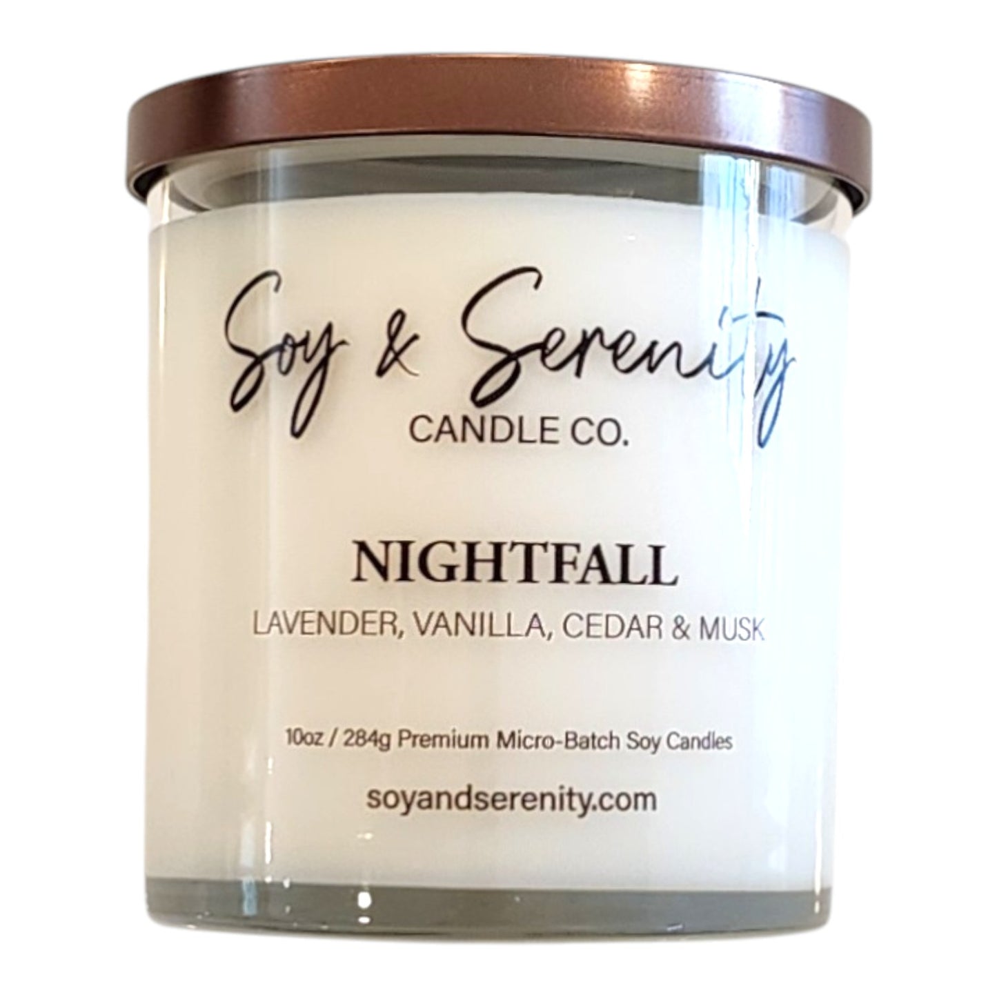 Nightfall soy candle by Soy & Serenity Candle Co, masculine vanilla lavender candle, non toxic cologne scented candle, smoky woods musk home fragrance, clean burning soy candle, luxury gift candle for men and modern homes
