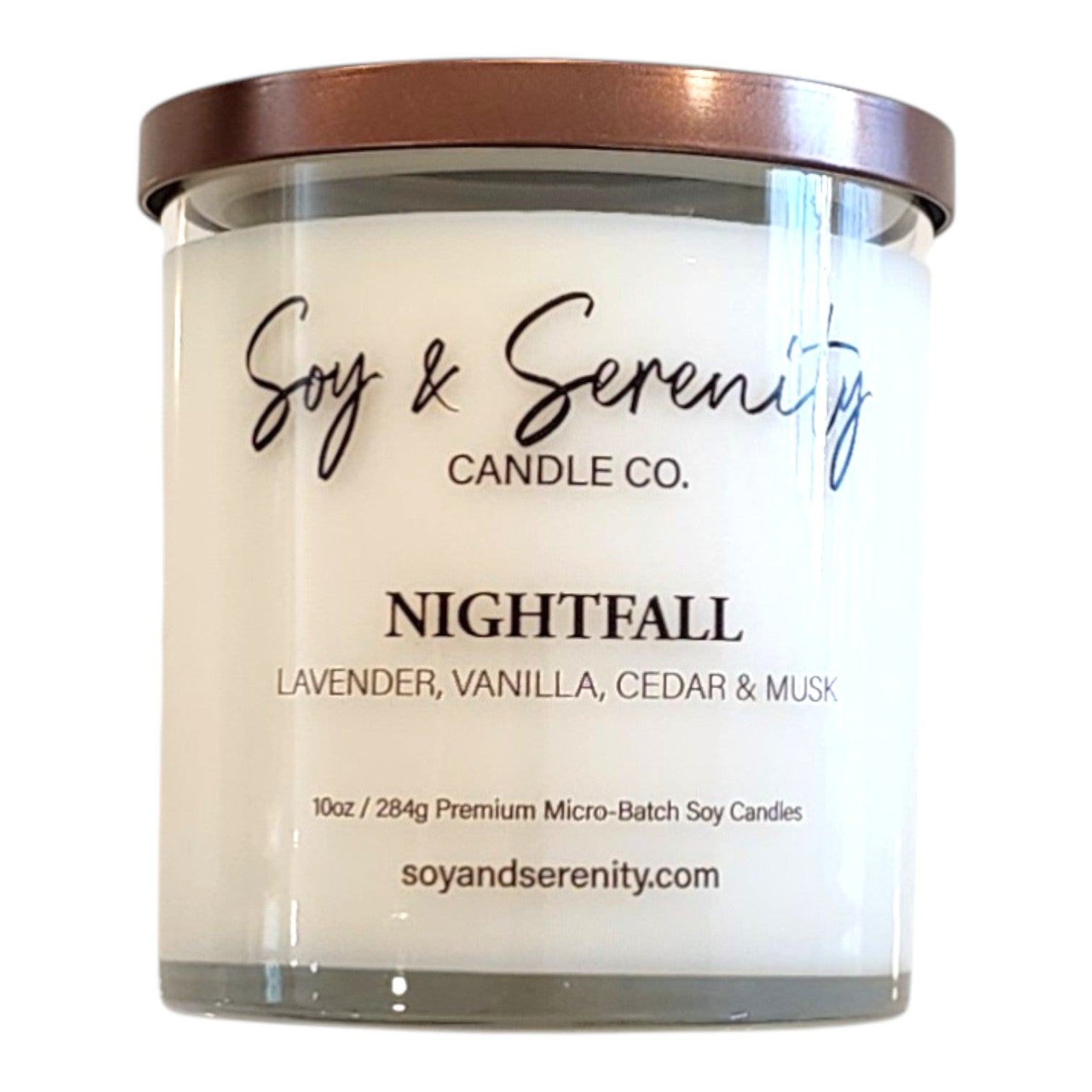 Nightfall soy candle by Soy & Serenity Candle Co, masculine vanilla lavender candle, non toxic cologne scented candle, smoky woods musk home fragrance, clean burning soy candle, luxury gift candle for men and modern homes