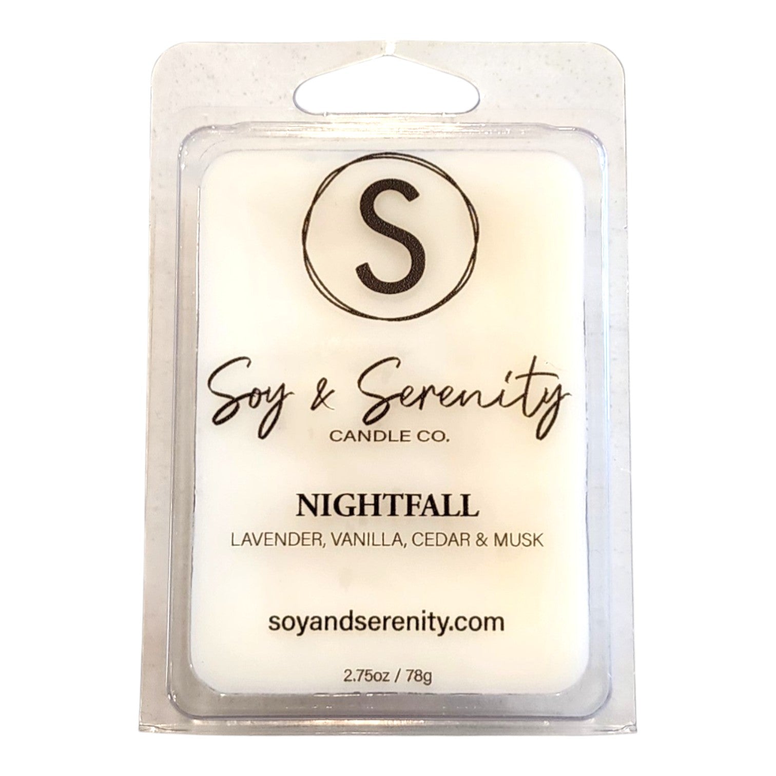 Non-toxic soy wax melt in Nightfall scent by Soy & Serenity Candle Co. on a white background