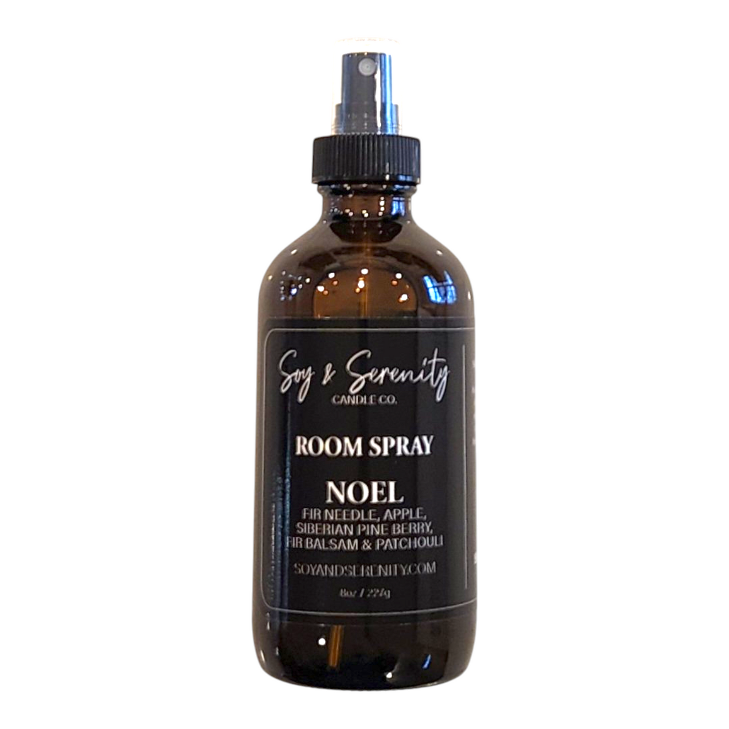 Room spray with fir needle, apple, Siberian pine, fir balsam, and patchouli notes on a white background, clean Christmas home fragrance.