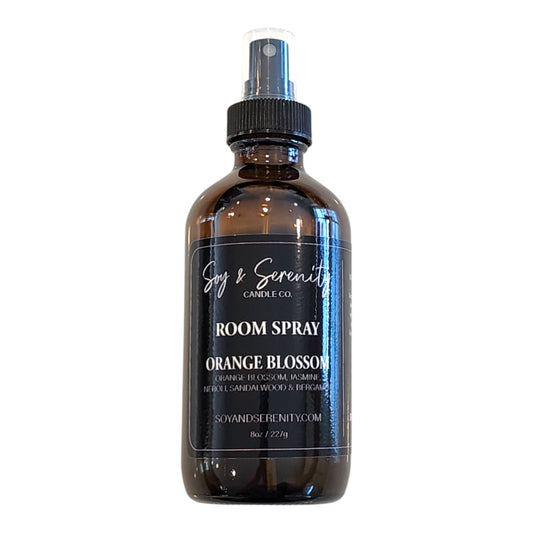 Orange Blossom room spray by Soy & Serenity Candle Co – clean, non-toxic air freshener with citrus orange blossom, honeysuckle, and soft white floral notes in amber glass bottle