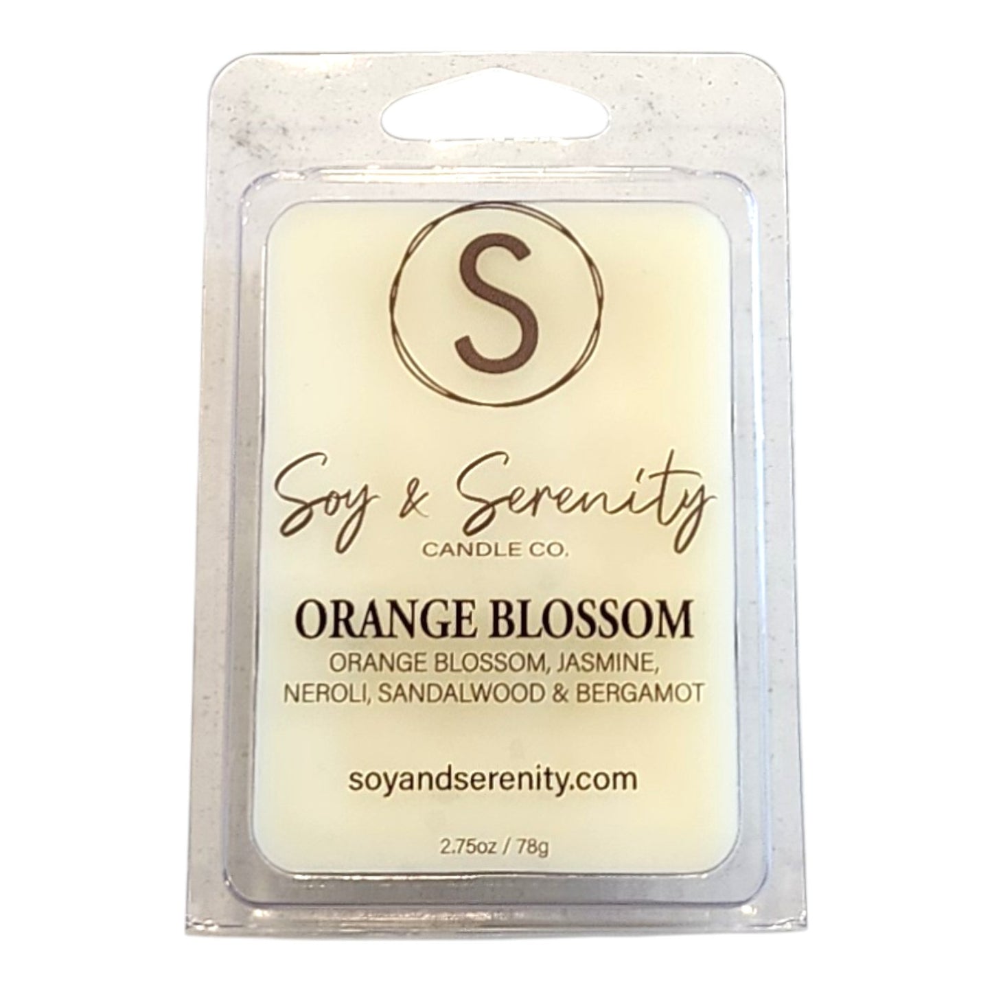 Non-toxic soy wax melt in Orange Blossom scent by Soy & Serenity Candle Co. on a white background