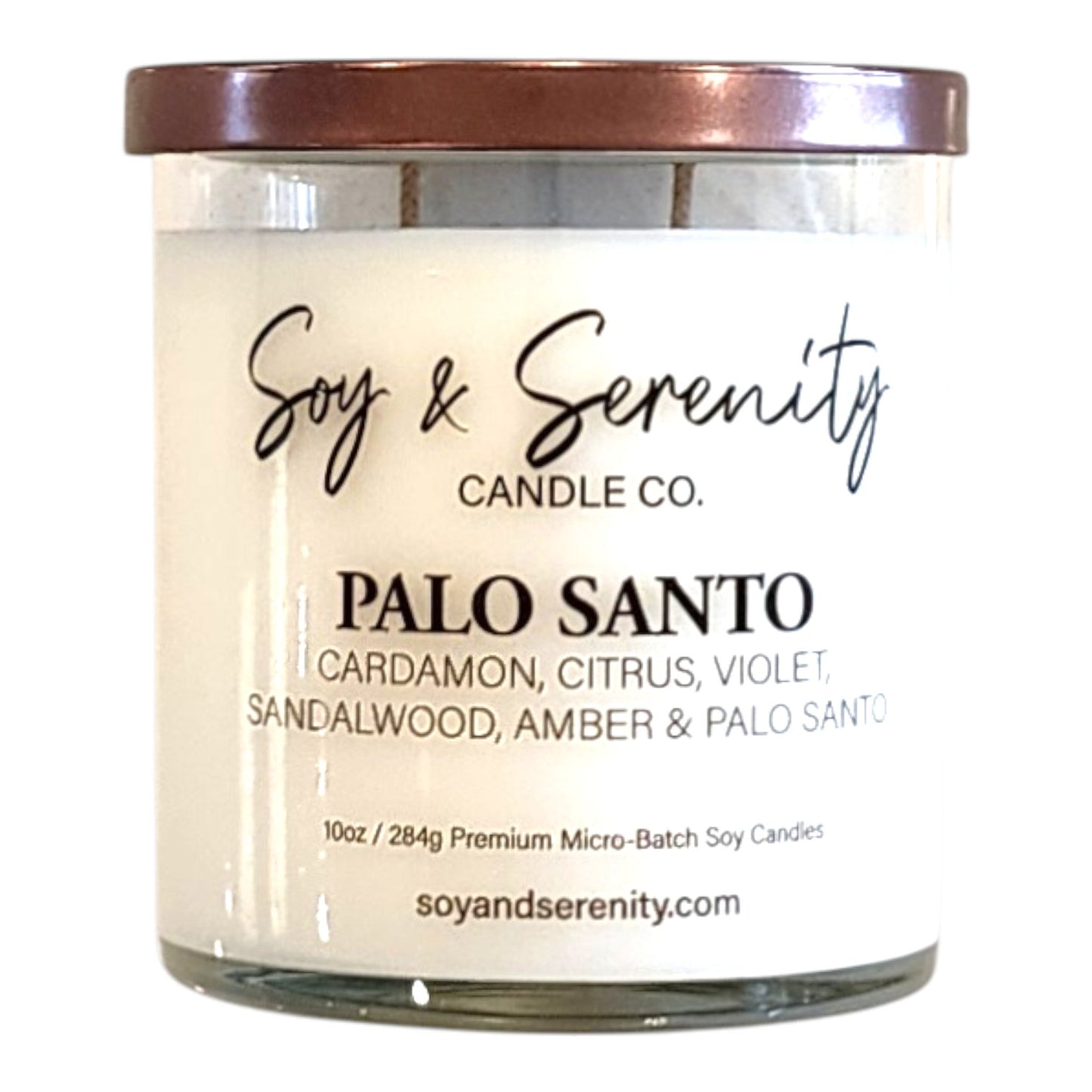 Palo Santo soy candle with sandalwood, amber, cardamom, and elemi notes on a white background, spiritual candle.