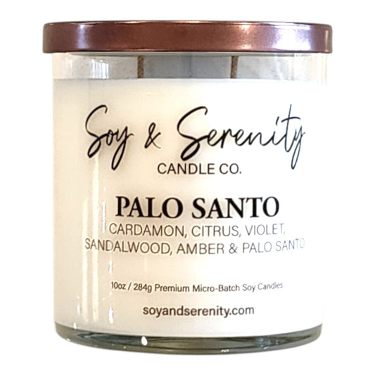 Palo Santo soy candle with sandalwood, amber, cardamom, and elemi notes on a white background, spiritual candle.