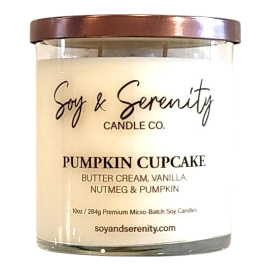 Pumpkin Cupcake bakery soy candle with pumpkin, vanilla, butter cream, and nutmeg notes on a white background.