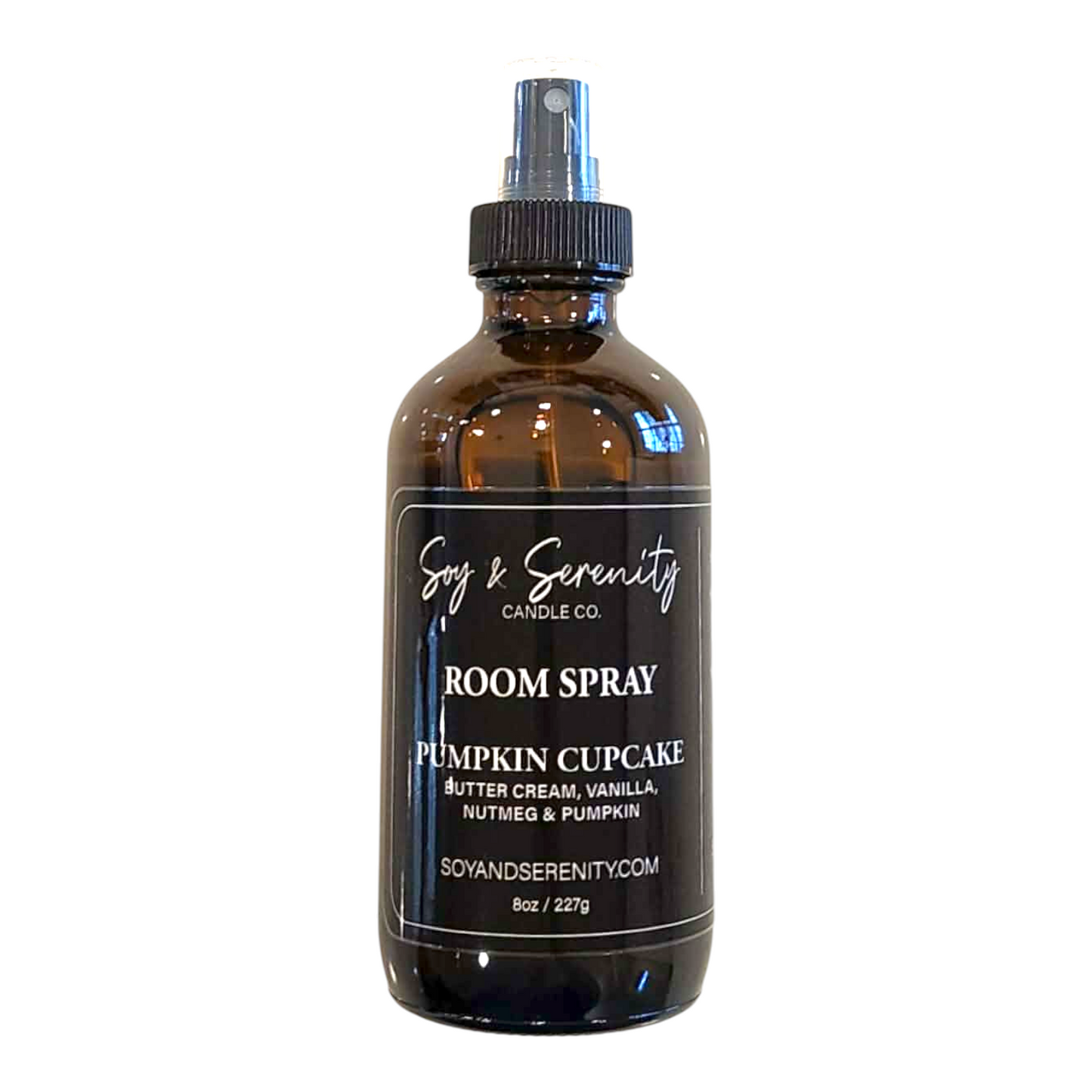 Room spray with buttercream, vanilla, nutmeg, and pumpkin notes on a white background, warm fall bakery style air freshener.