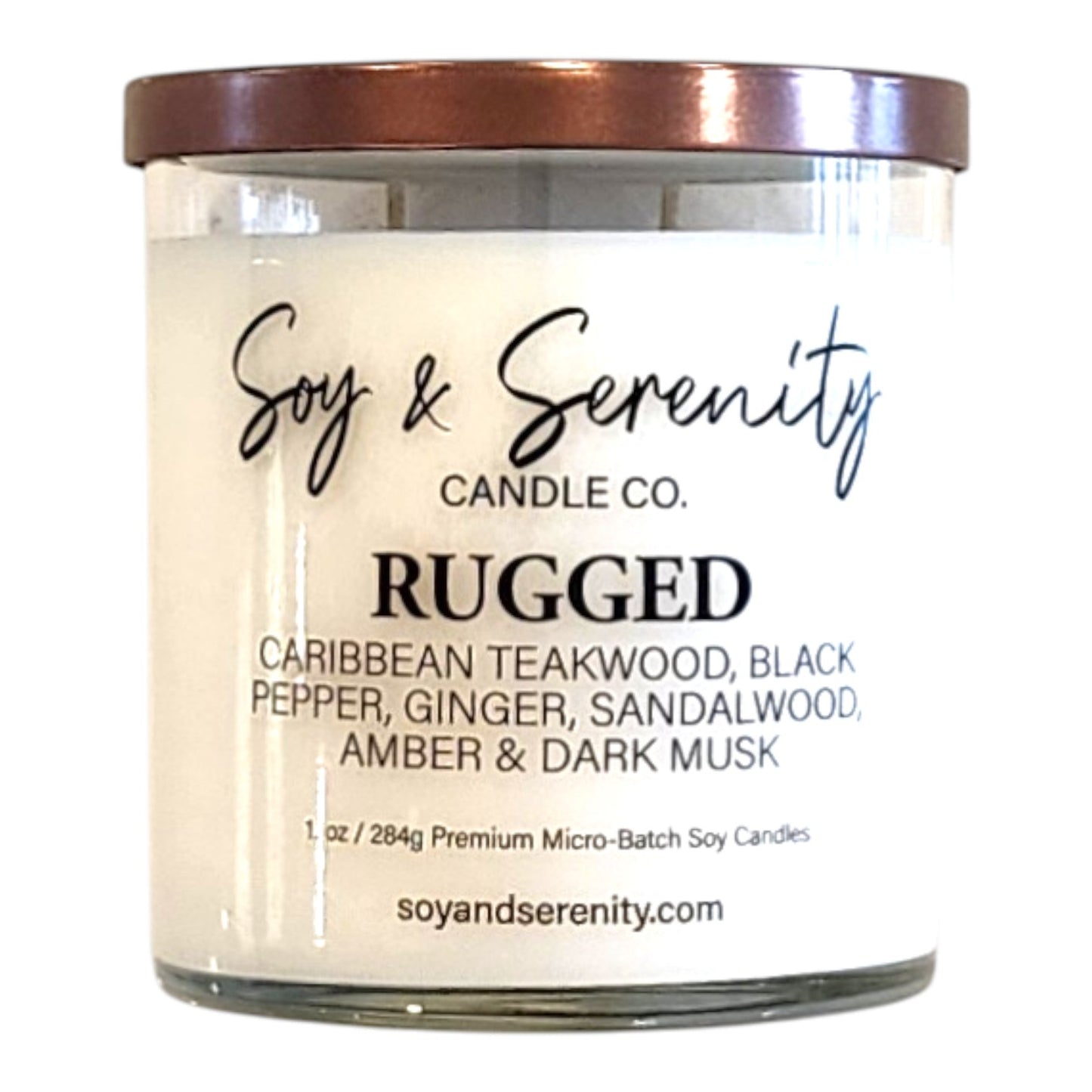 Rugged tobacco soy candle with sandalwood, teakwood, amber, and dark musk notes on a white background.