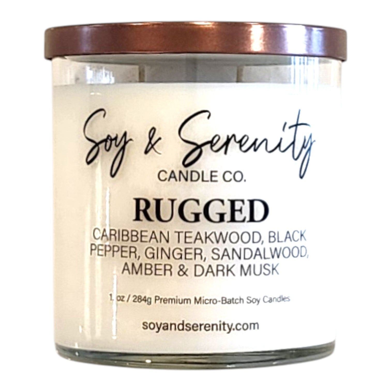 Rugged tobacco soy candle with sandalwood, teakwood, amber, and dark musk notes on a white background.