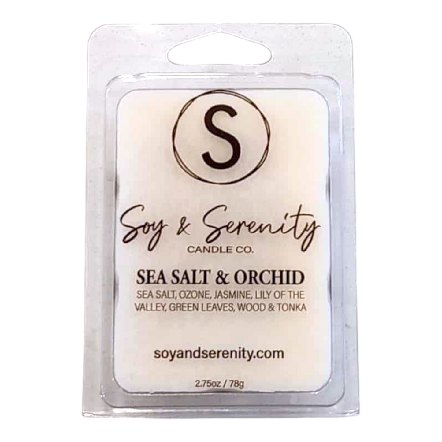 Soy wax melts with sea salt, freesia, amber, and tonka bean notes on a white background, non toxic soy wax melts.