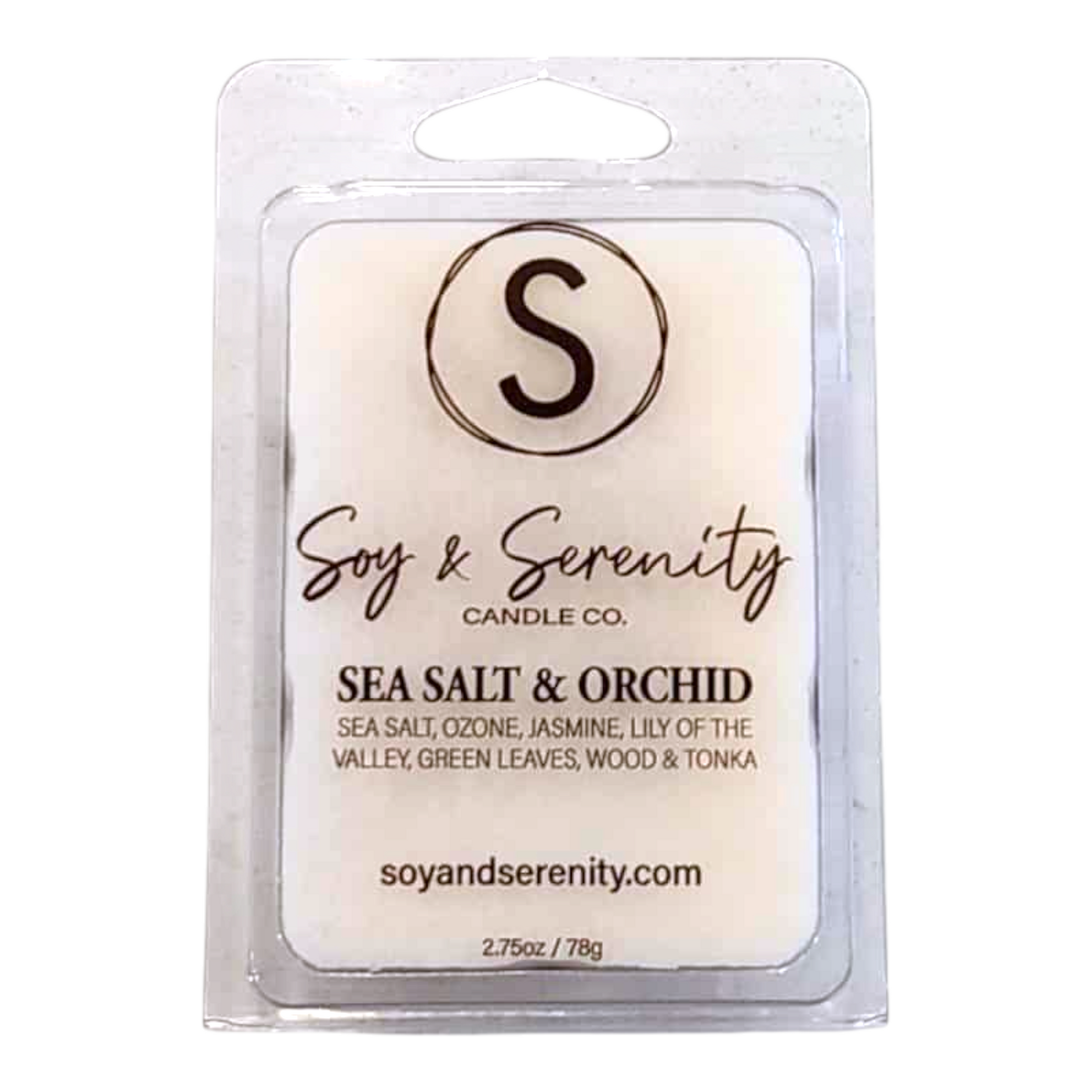 Soy wax melts with sea salt, freesia, amber, and tonka bean notes on a white background, non toxic soy wax melts.
