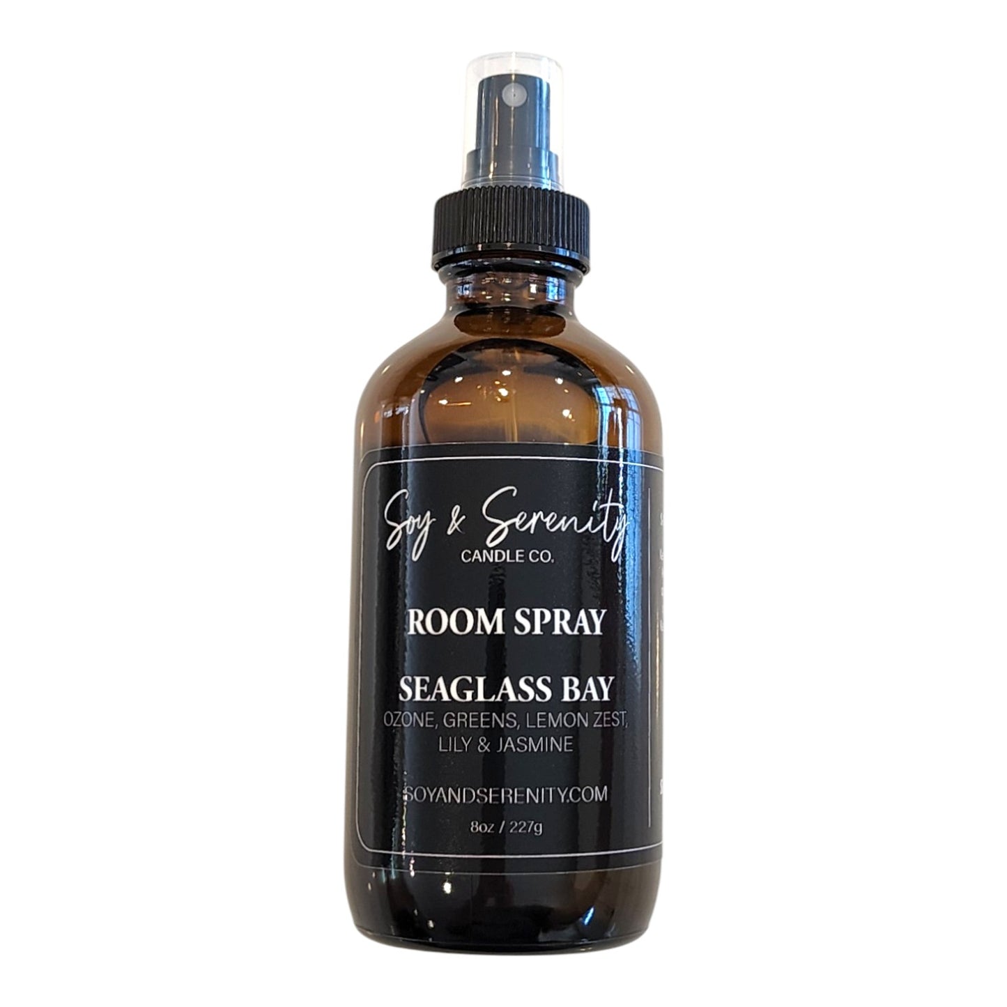 Seaglass Bay room spray by Soy & Serenity Candle Co – clean, non-toxic coastal air freshener with sea ozone, citrus, and marine notes in amber glass bottle