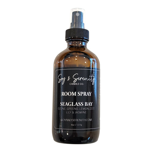 Seaglass Bay room spray by Soy & Serenity Candle Co – clean, non-toxic coastal air freshener with sea ozone, citrus, and marine notes in amber glass bottle