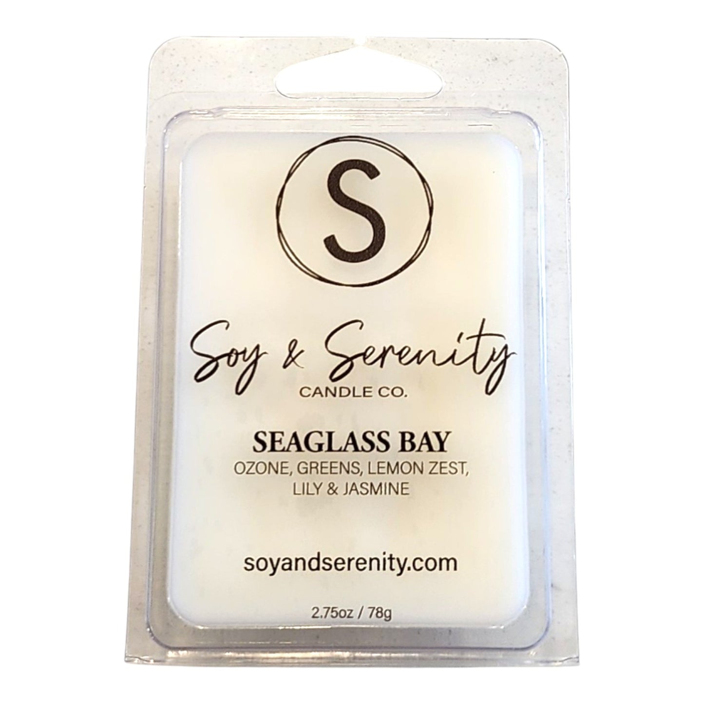 Non-toxic soy wax melt in Seeglass Bay scent by Soy & Serenity Candle Co. on a white background