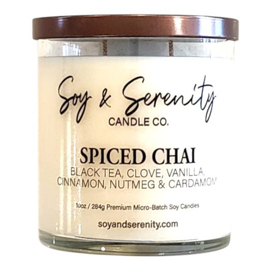 Spiced Chai soy candle with clove, cinnamon, cassia, and orange peel notes on a white background.
