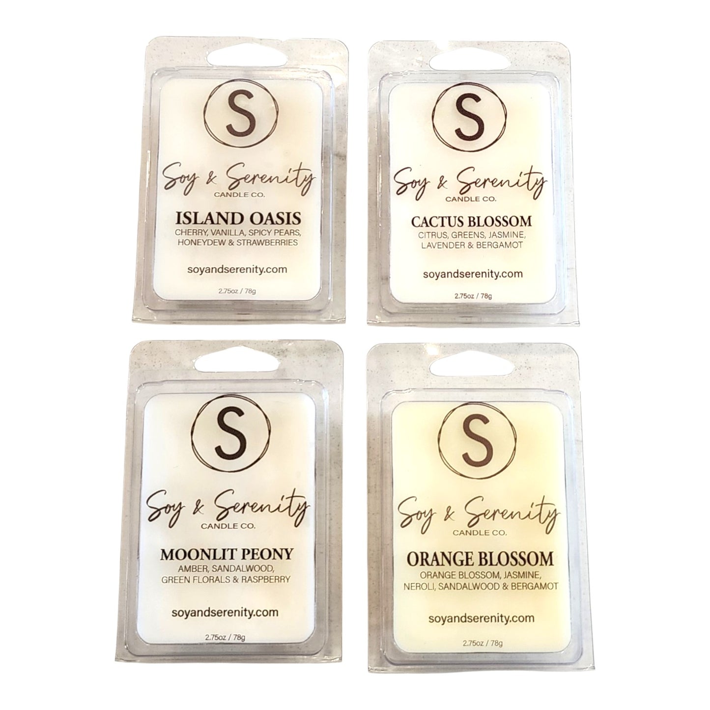 Spring Bloom soy wax melt bundle by Soy & Serenity Candle Co. featuring Moonlit Peony, Orange Blossom, Cactus Blossom, and Island Oasis on a white background