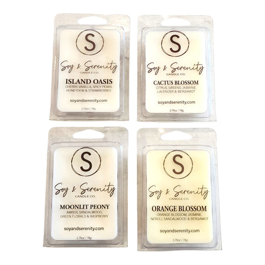Spring Bloom soy wax melt bundle by Soy & Serenity Candle Co. featuring Moonlit Peony, Orange Blossom, Cactus Blossom, and Island Oasis on a white background