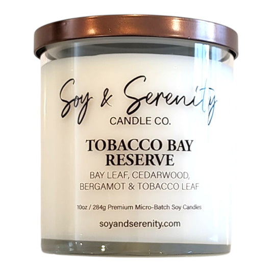 Tobacco Bay Reserve soy candle by Soy & Serenity Candle Co, non toxic tobacco candle with bay leaf, fir needle and cedarwood, masculine earthy woodsy home fragrance