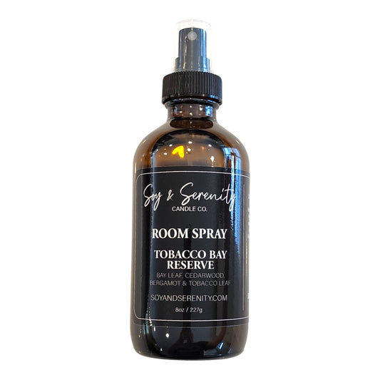 Tobacco Bay Reserve room spray by Soy & Serenity Candle Co – clean, non-toxic home air freshener in amber glass bottle.