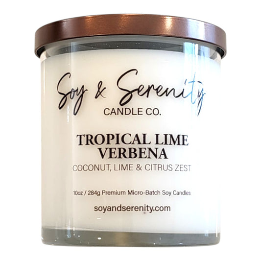 Tropical Lime Verbena soy candle by Soy & Serenity Candle Co, clean non toxic citrus and coconut summer candle in glass jar
