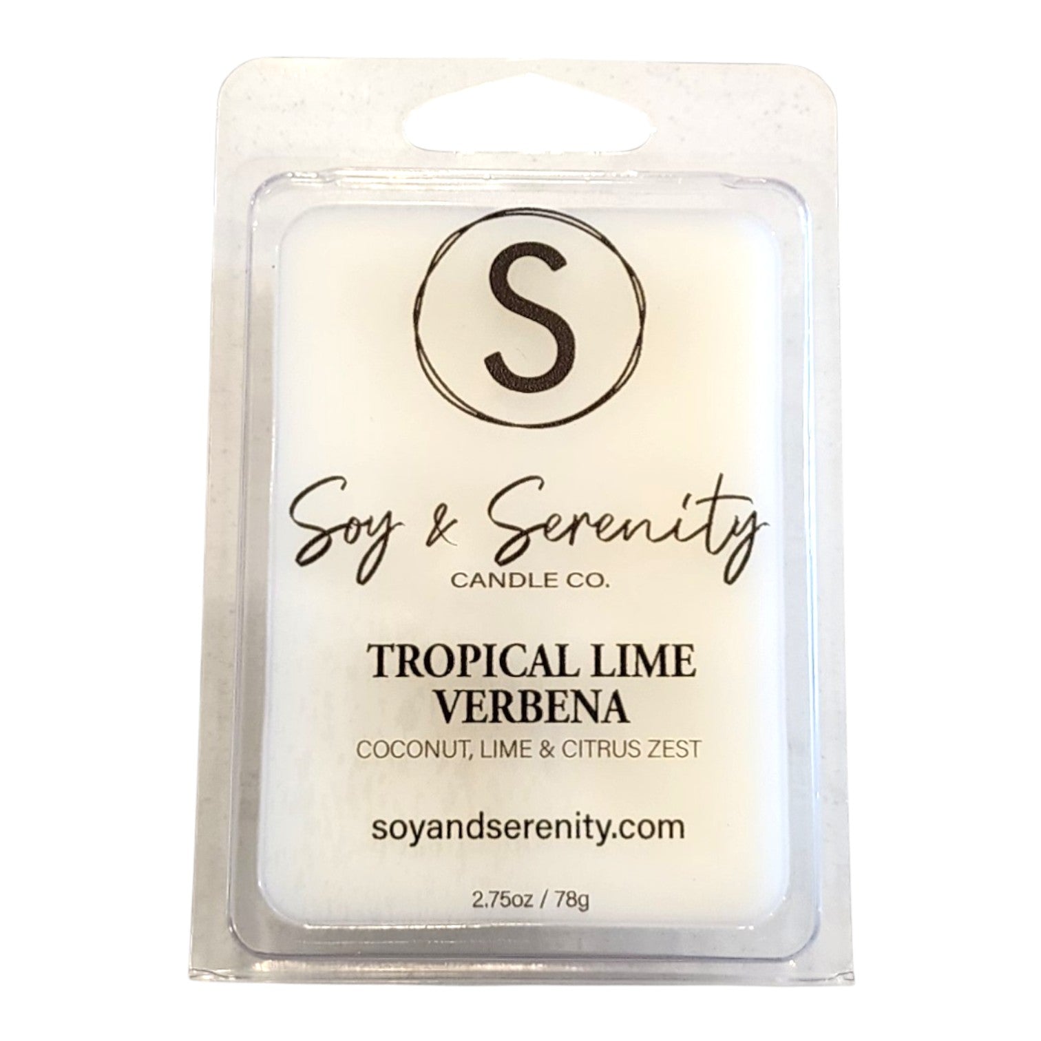 Non-toxic soy wax melt in Tropical Lime Verbena scent by Soy & Serenity Candle Co. on a white background