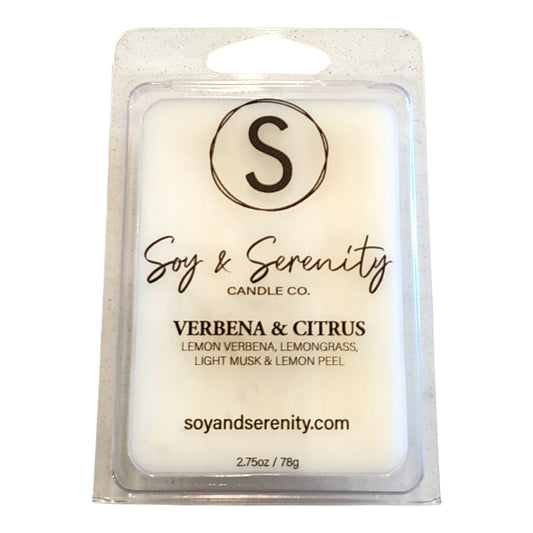 Non-toxic soy wax melt in Verbena and Citrus scent by Soy & Serenity Candle Co. on a white background
