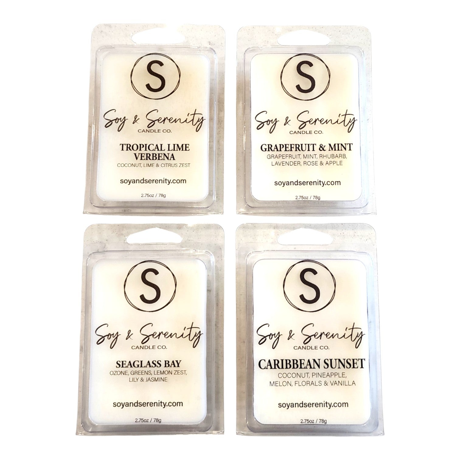 Coastal Citrus soy wax melt bundle by Soy & Serenity Candle Co. featuring Tropical Lime Verbena, Grapefruit & Mint, Seaglass Bay, and Caribbean Sunset on a white background