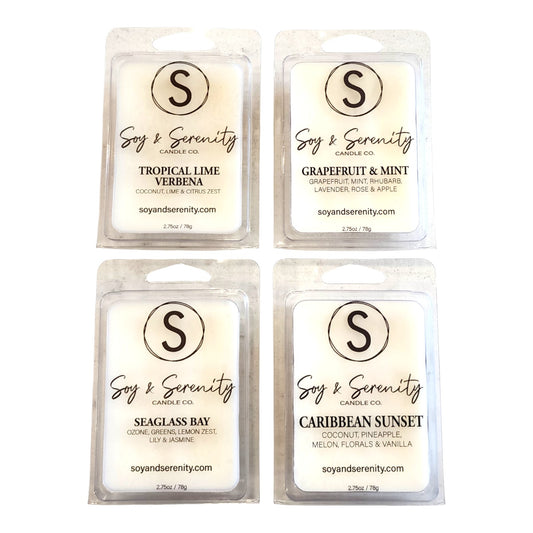 Coastal Citrus soy wax melt bundle by Soy & Serenity Candle Co. featuring Tropical Lime Verbena, Grapefruit & Mint, Seaglass Bay, and Caribbean Sunset on a white background