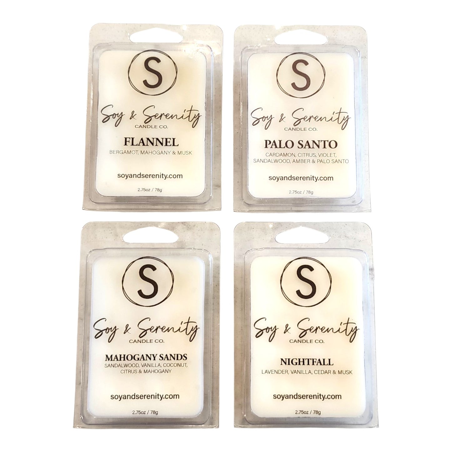 Cozy Woods soy wax melt bundle by Soy & Serenity Candle Co. featuring Flannel, Palo Santo, Mahogany Sands, and Nightfall on a clean white background
