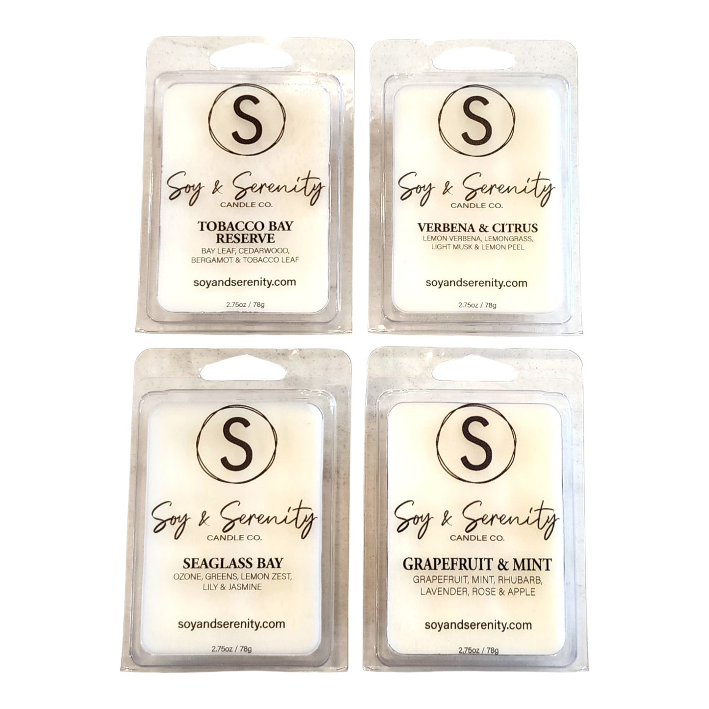 Fresh Air soy wax melt bundle by Soy & Serenity Candle Co. featuring Seaglass Bay, Grapefruit & Mint, Verbena & Citrus, and Tobacco Bay Reserve on a clean white background
