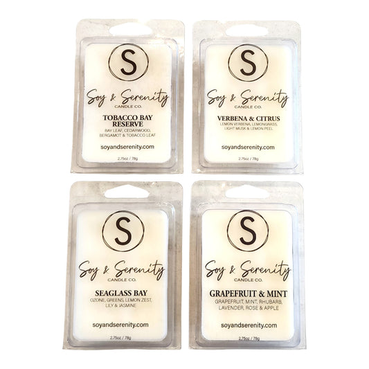 Fresh Air soy wax melt bundle by Soy & Serenity Candle Co. featuring Seaglass Bay, Grapefruit & Mint, Verbena & Citrus, and Tobacco Bay Reserve on a clean white background