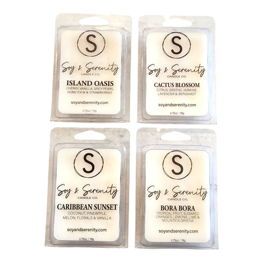 Tropical Escape soy wax melt bundle by Soy & Serenity Candle Co. featuring Island Oasis, Caribbean Sunset, Bora Bora, and Cactus Blossom on a clean white background