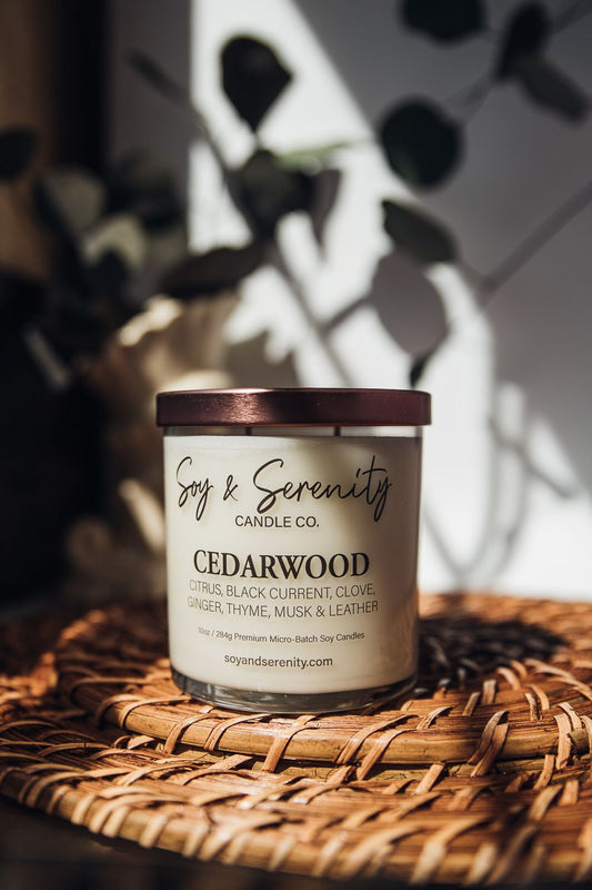 Scent:  Cedarwood  Scent description:  We infused this cedar base with deep green herbs and warm spices to encompass a true authentic woodsy fragrance this smells as if you were walking through the redwood forest!  Essential oils:  Citrus, Black Current, Clove, Ginger and Thyme  10 fl. oz (284)g Jar  Approx. 60+ hour burn time  Height: 3.5"  Diameter: 3.06"  Ingredients:  Natural vegan soy wax, phthalate free premium fragrance, essential oils, and 100% cotton threaded wicks.