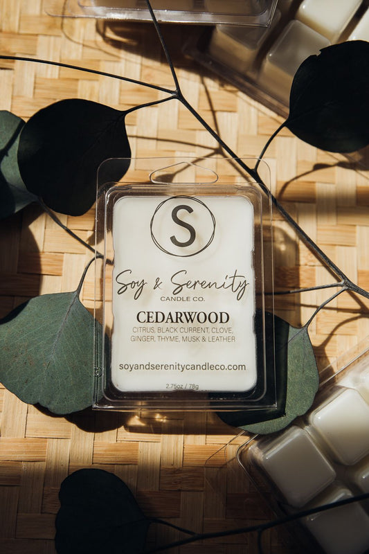 Scent:  Cedarwood  Scent description:  We infused this cedar base with deep green herbs and warm spices to encompass a true authentic woodsy fragrance this smells as if you were walking through the redwood forest!  Essential oils:  Citrus, Black Current, Clove, Ginger and Thyme  2.75 oz of wax  4 1/4" long by 2 7/8" wide  Ingredients:  Natural vegan soy wax, phthalate free premium fragrance, and essential oils are the only ingredients that go into our highly scented wax melts.