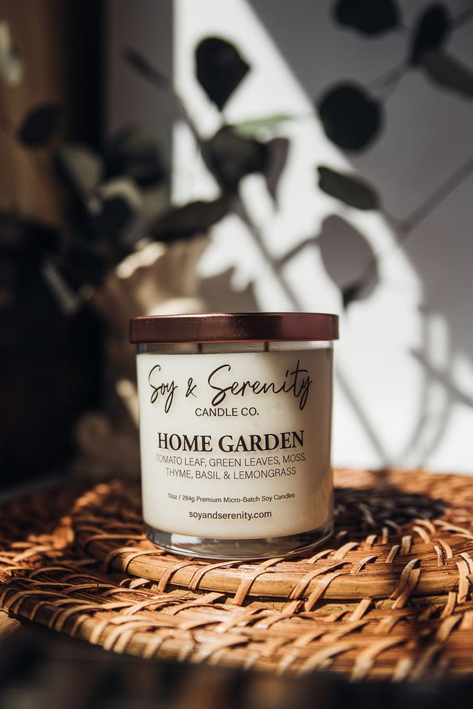 Scent:  Home Garden  Scent description:  Think: true to life, fresh picked tomato leaf straight from the garden for a beautiful and realistic earthy feel!  Essential oils:  Lemon Peel, Basil, Thyme, and Lemongrass  10 fl. oz (284)g Jar  Approx. 60+ hour burn time  Height: 3.5"  Diameter: 3.06"  Ingredients:  Natural vegan soy wax, phthalate free premium fragrance, essential oils, and 100% cotton threaded wicks.